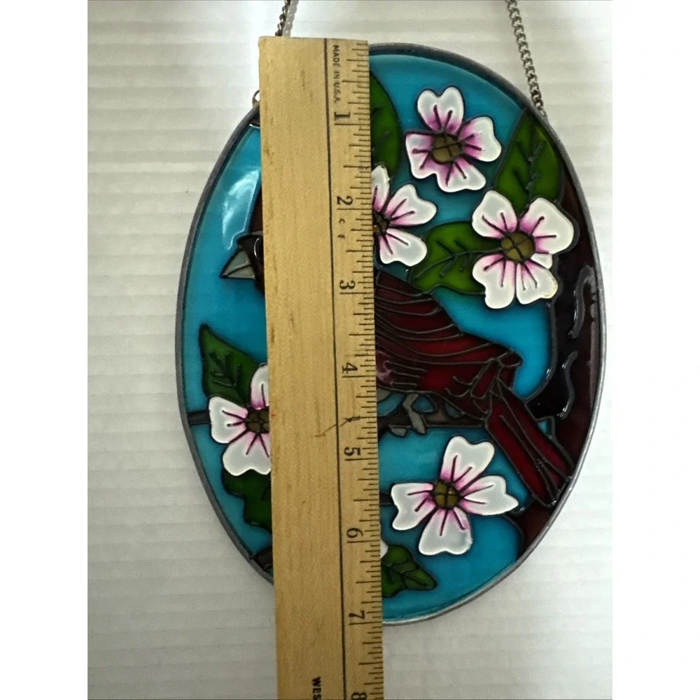 Red Cardinal Bird & White Flowers Small Oval Stained Glass Suncatcher 7.5x5.5